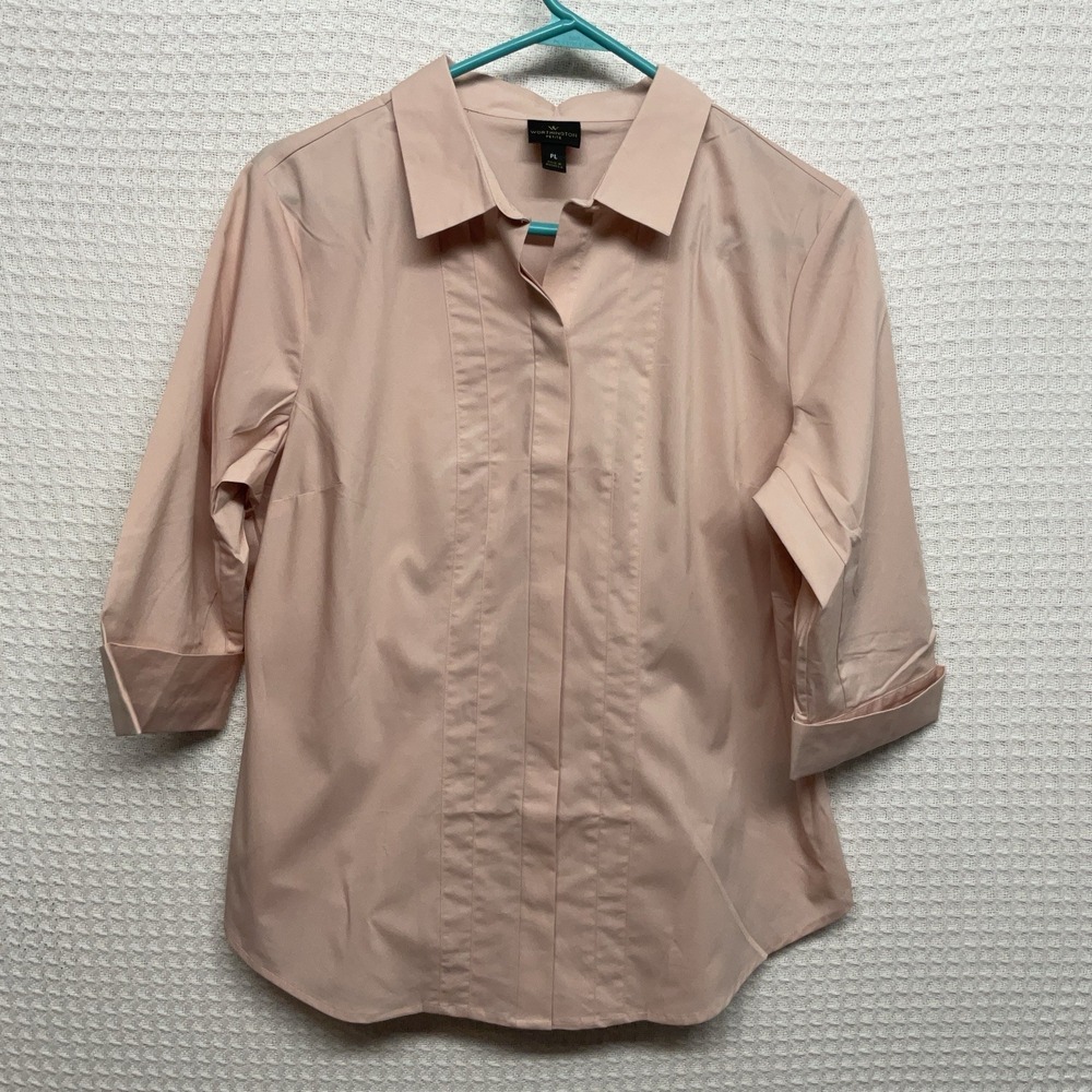 Worthington Women's Size PL Blouse Top Blush Pink Button Up 3/4 Sleeve Stretchy‎